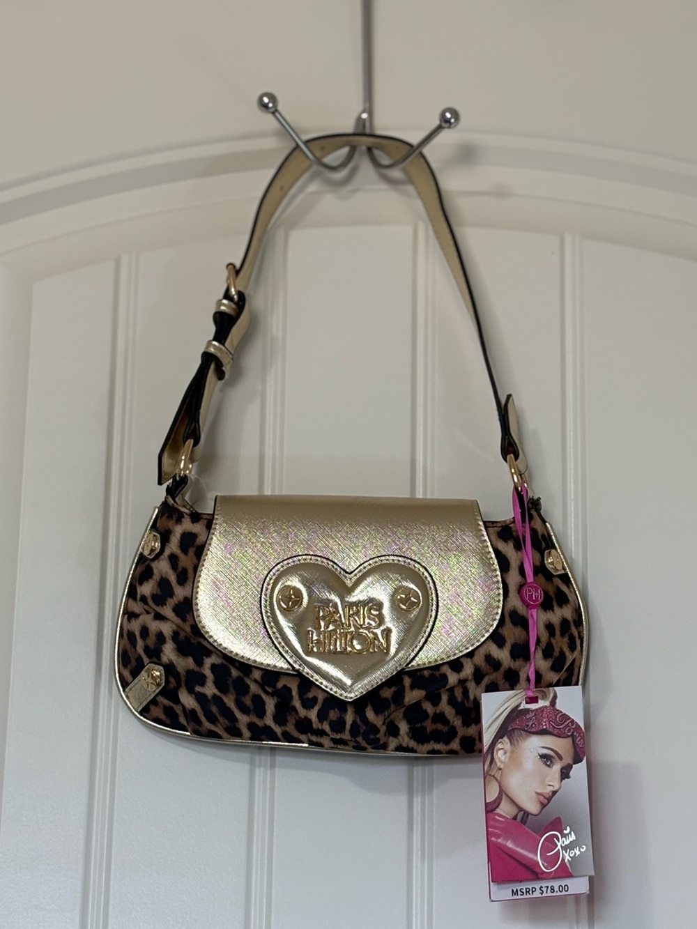 Paris Hilton Leopard Shoulder Bag with Gold Metallic Flap